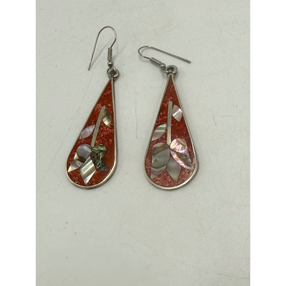 Vintage Red Coral Mother of Pearl Inlay Teardrop Floral Dangle Earrings